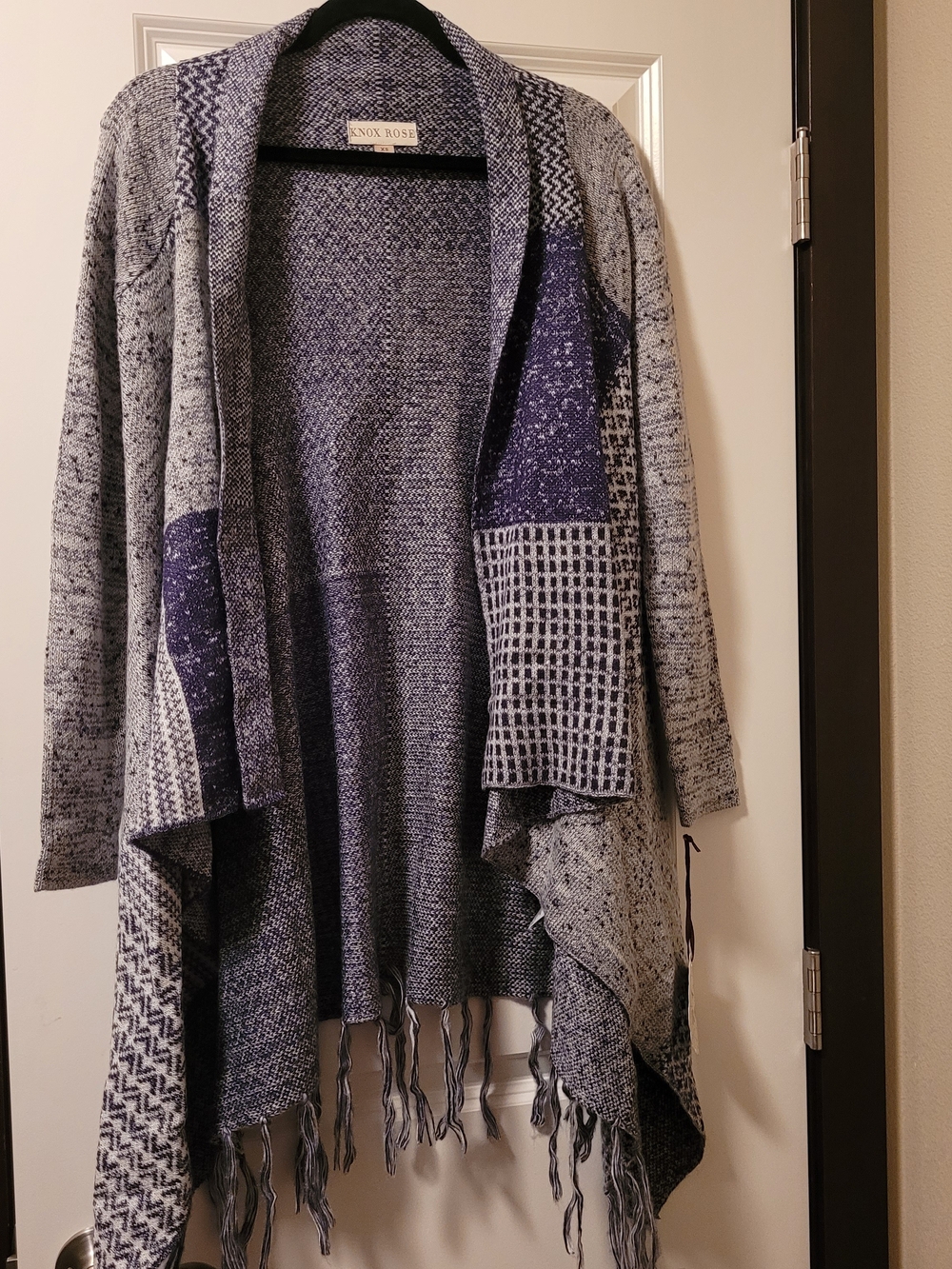 NWT Knox Rose Open Cardigan Sz XS Gray Blue Boho Waterfall Fringe Patchwork Knit